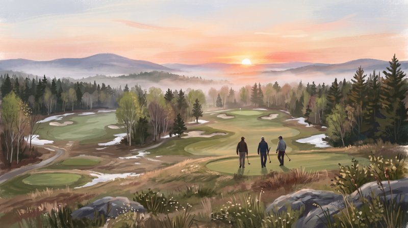 Illustration of I need images of people golfing in the summeer and spring of the year in Aroostook County maine at one of the local golf courses.
