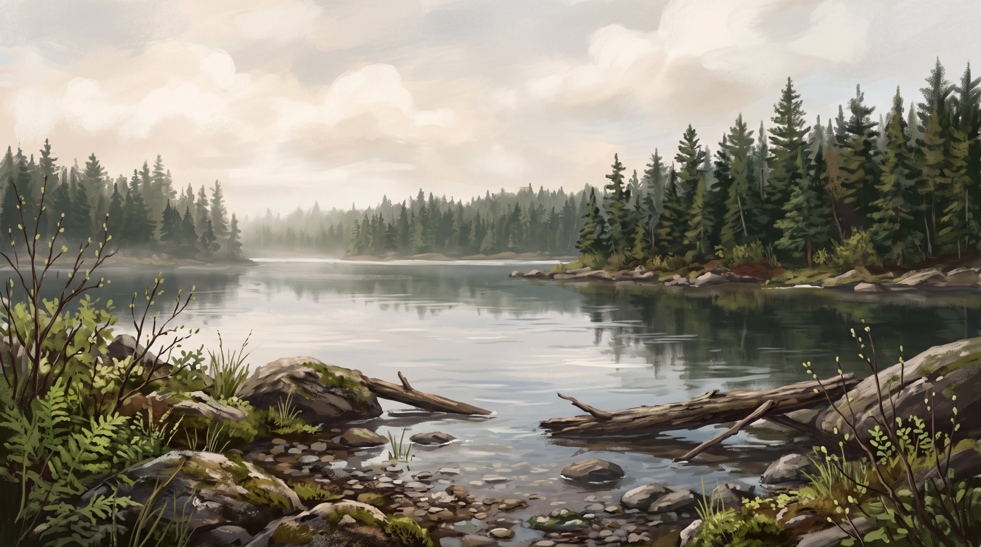 Illustration of a calm lake ringed by spruce and pine trees at the edge of a north woods forest in spring