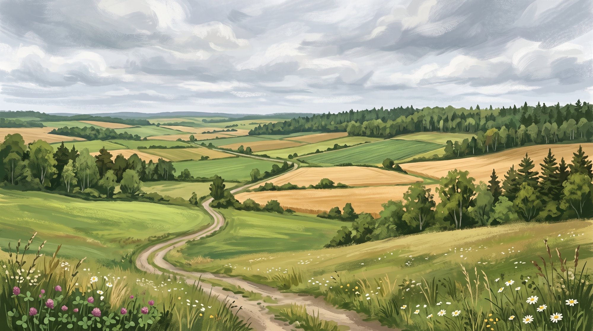 Illustration of open rolling farmland under dramatic clouds with a patchwork of green and gold fields in summer