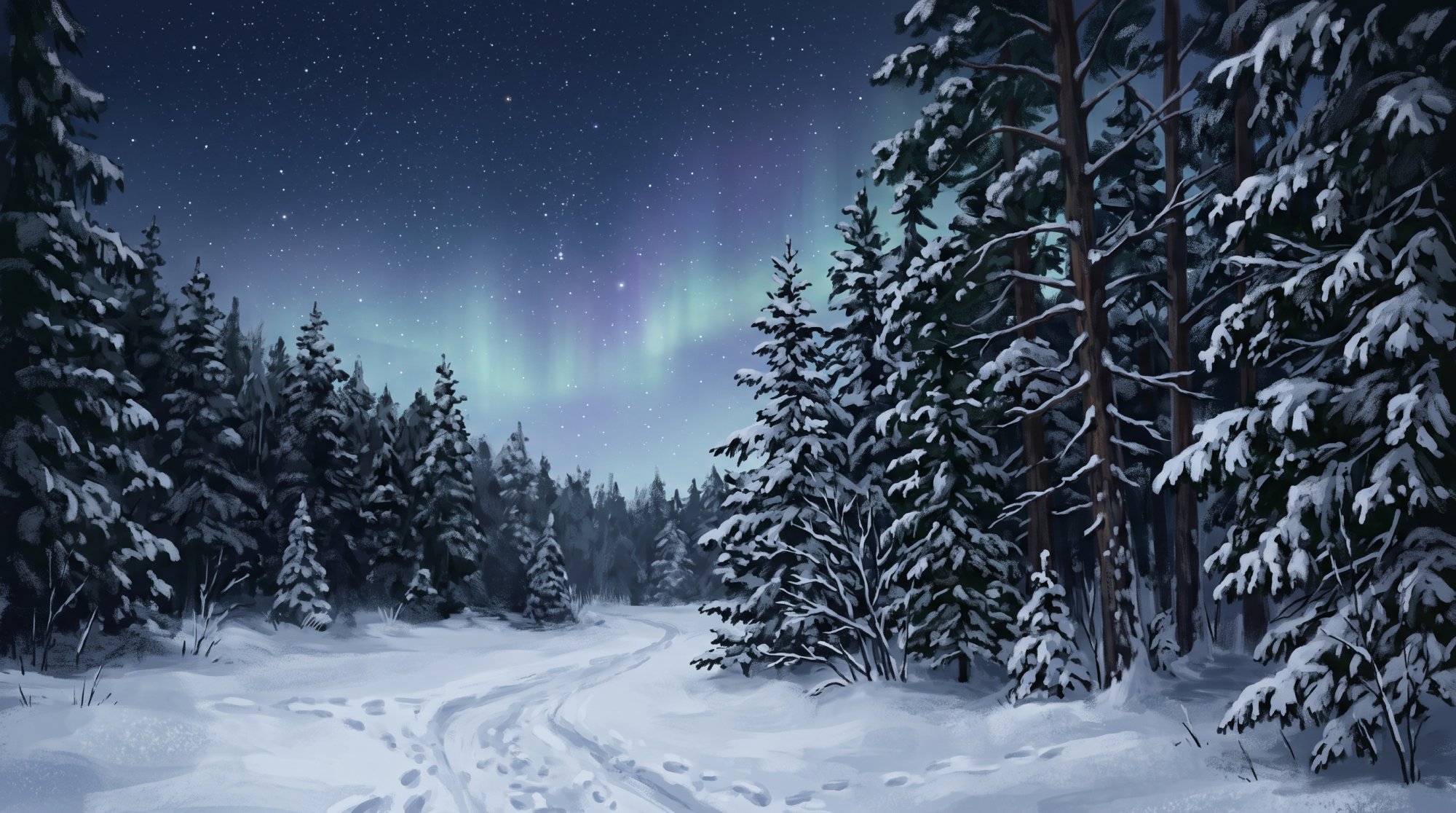 Illustration of a dark pine forest under a clear starry sky with faint northern lights in winter