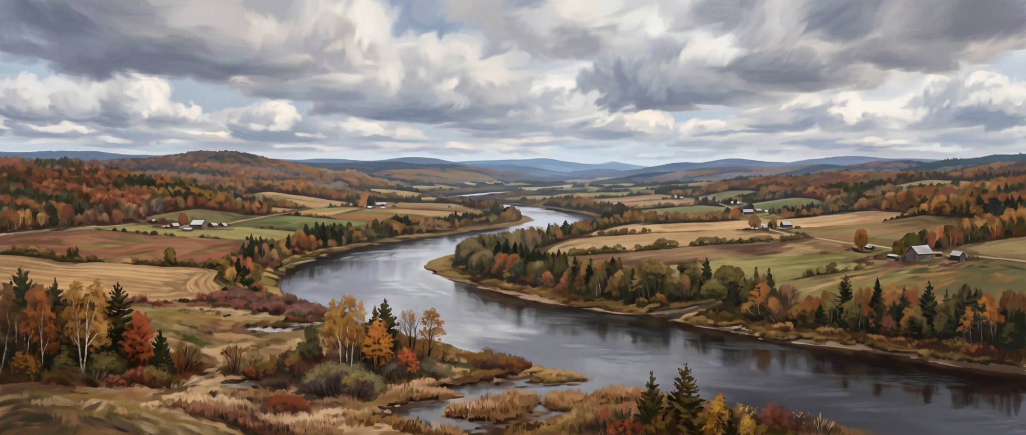 Illustration of a broad, quiet river winding through a valley of farmland and low rolling hills in fall