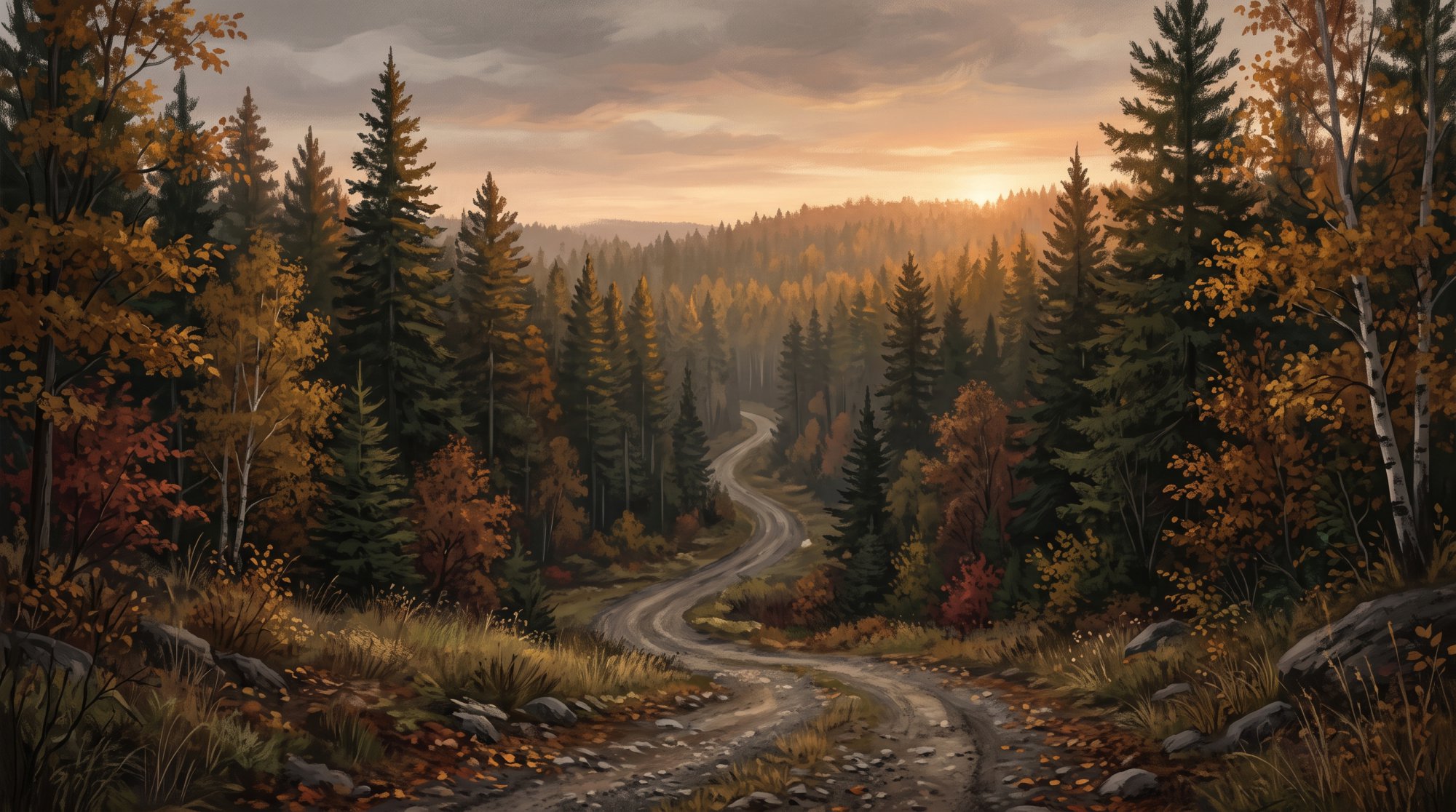 Illustration of a gravel woods road disappearing into a tall evergreen forest in fall