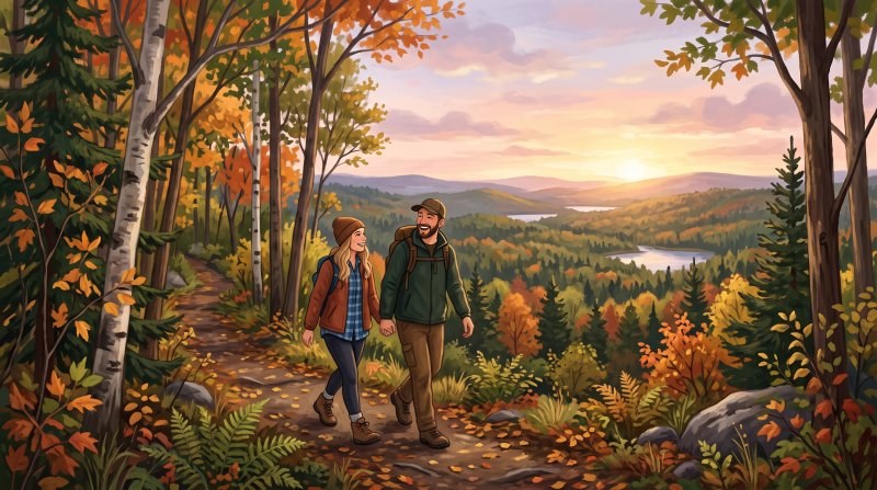 Illustration of I would like images depicting people hiking in the woods in Northern Maine, Aroostook County area. I would like the images to be specific to the Aroostook County area and use images of couples enjoying a friendly hiking experience.