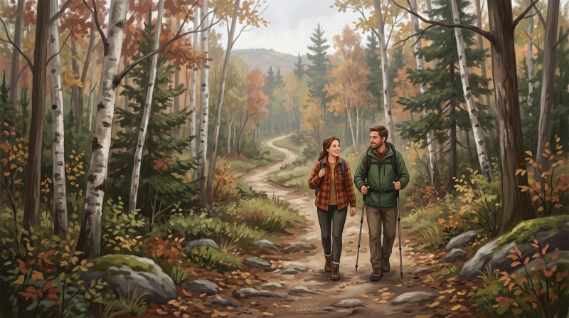 Illustration of I would like images depicting people hiking in the woods in Northern Maine, Aroostook County area. I would like the images to be specific to the Aroostook County area and use images of couples enjoying a friendly hiking experience.