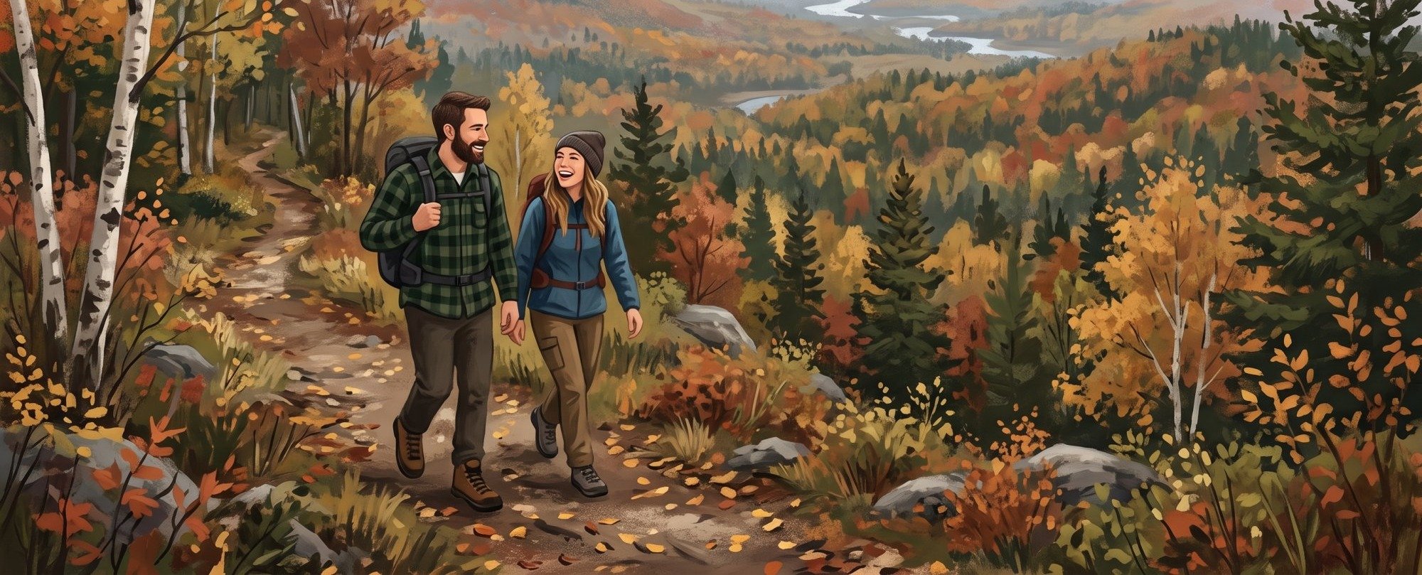 Illustration of I would like images depicting people hiking in the woods in Northern Maine, Aroostook County area. I would like the images to be specific to the Aroostook County area and use images of couples enjoying a friendly hiking experience.