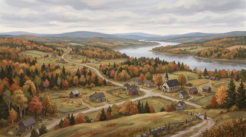Illustration of I would like images that depict authentic Acadian and French Settlement in Aroostook County Maine. I want each image to depict a different scene based on Acadian and French Settlement in the season I have selected. I would like modern d...
