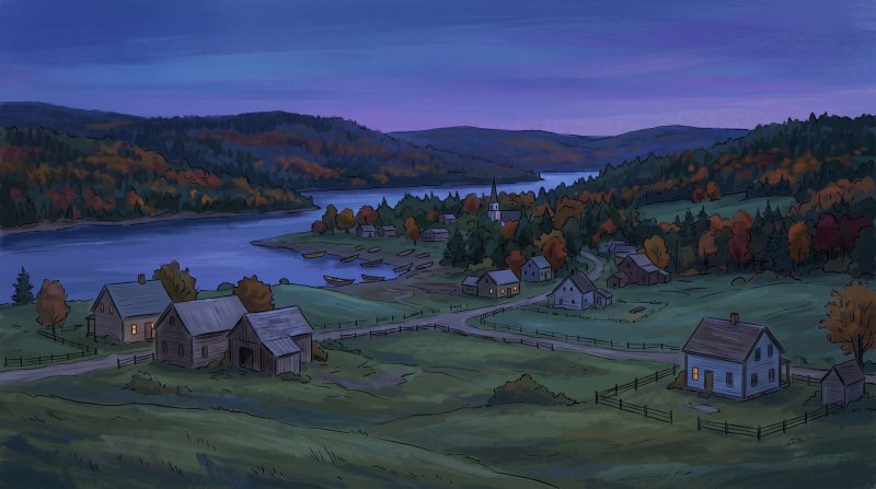 Illustration of I would like images that depict authentic Acadian and French Settlement in Aroostook County Maine. I want each image to depict a different scene based on Acadian and French Settlement in the season I have selected. I would like modern d...