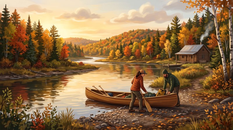 Illustration of I would like images that depict authentic The Allagash and the North Woods in Aroostook County Maine. I want each image to depict a different scene based on The Allagash and the North Woods in the season I have selected. The images need...