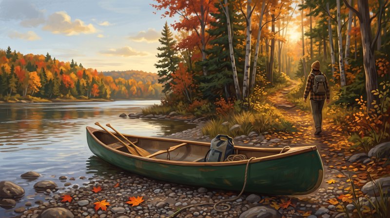 Illustration of I would like images that depict authentic The Allagash and the North Woods in Aroostook County Maine. I want each image to depict a different scene based on The Allagash and the North Woods in the season I have selected. The images need...