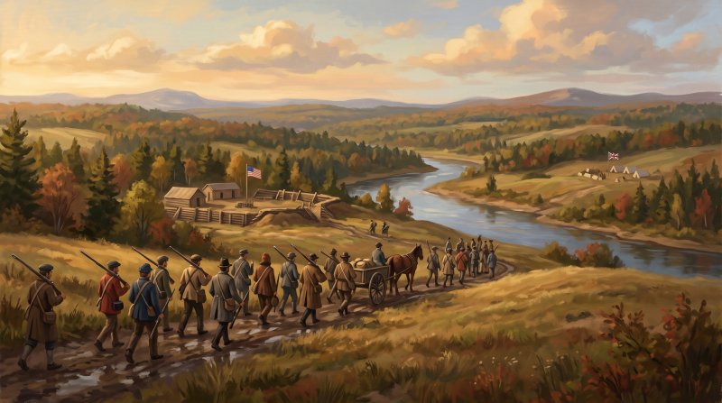 Illustration of I would like images that depict authentic The Aroostook War in Aroostook County Maine.I would like images that actually depict the Aroostook War and the setting it was fought in. I want the army shown fighting the war.