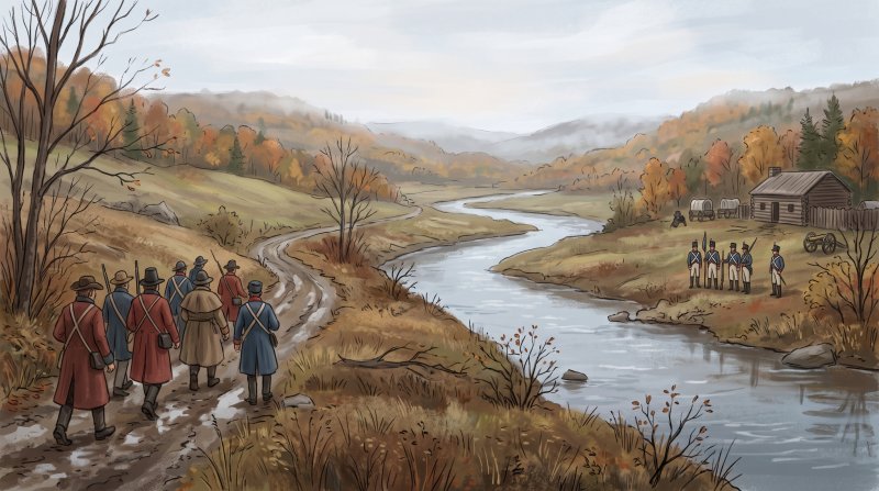 Illustration of I would like images that depict authentic The Aroostook War in Aroostook County Maine.I would like images that actually depict the Aroostook War and the setting it was fought in. I want the army shown fighting the war.