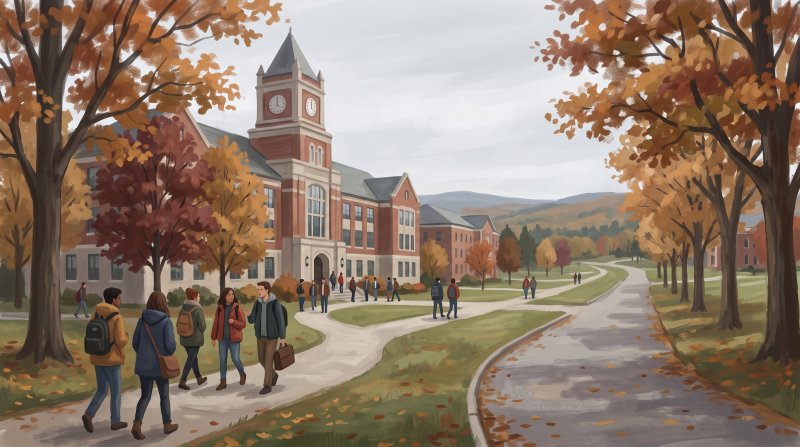 Illustration of I would like images that depict authentic Churches, Schools and Colleges in Aroostook County Maine. I want each image to depict a different scene based on Churches, Schools and Colleges in the season I have selected. The images need to ...