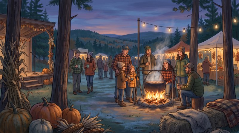 Illustration of I would like images that depict authentic Festivals and Traditions in Aroostook County Maine. I want each image to depict a different scene based on Festivals and Traditions in the season I have selected. The images need to depict moder...