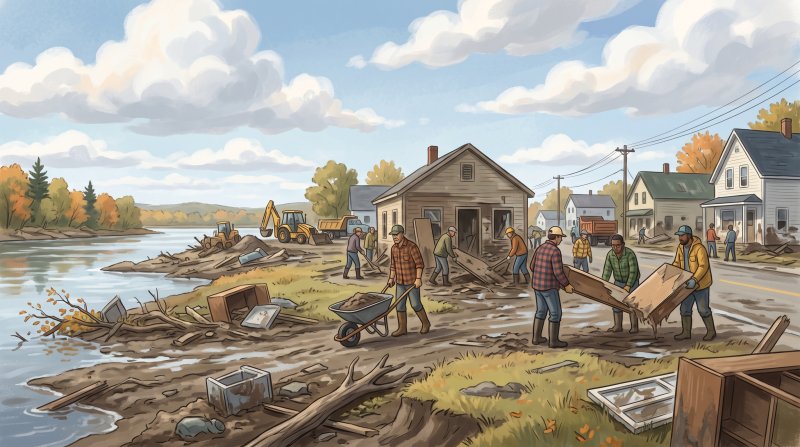 Illustration of I would like images that depict authentic Fires, Floods and Disasters in Aroostook County Maine. I want each image to depict a different scene based on Fires, Floods and Disasters. The images need to depict events that are factual from ...