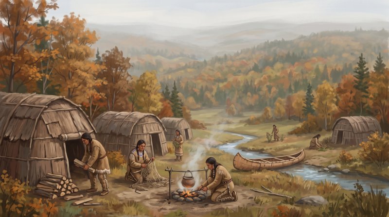 Illustration of I would like images that depict authentic First Peoples of The County in Aroostook County Maine. I want each image to depict a different scene based on First Peoples of The County in the season I have selected. The images need to depict...