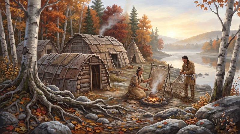 Illustration of I would like images that depict authentic First Peoples of The County in Aroostook County Maine. I want each image to depict a different scene based on First Peoples of The County in the season I have selected. The images need to depict...