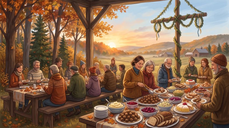 Illustration of I would like images that depict authentic Foods of The County in Aroostook County Maine. I want each image to depict a different scene based on Foods of The County in the season I have selected. The image needs to feature Stockholm Mids...