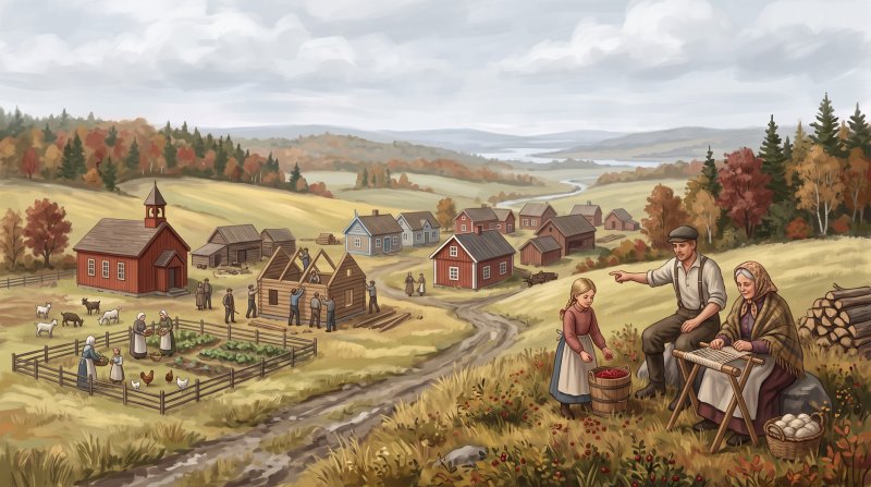 Illustration of I would like images that depict authentic Immigrant Communities in Aroostook County Maine. I want each image to depict a different scene based on Immigrant Communities in the season I have selected. The images need to depict Early Irish...