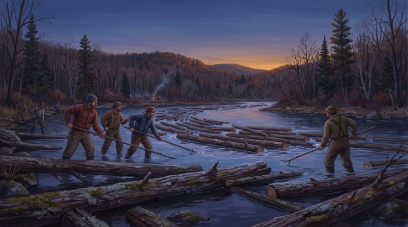 Illustration of I would like images that depict authentic Logging and the River Drives in Aroostook County Maine. I want each image to depict a different scene based on Logging and the River Drives in the season I have selected. The images need to depi...