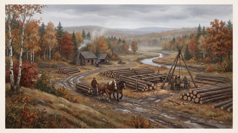 Illustration of I would like images that depict authentic Logging and the River Drives in Aroostook County Maine. I want each image to depict a different scene based on Logging and the River Drives in the season I have selected. The images need to depi...
