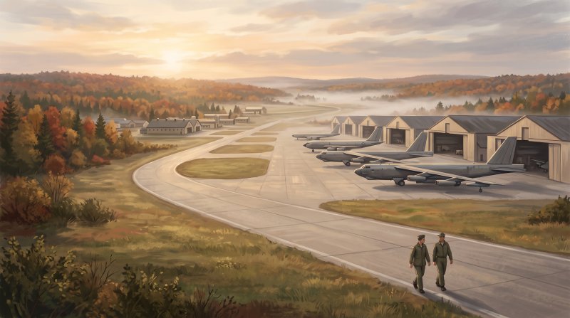Illustration of I would like images that depict authentic Loring Air Force Base in Aroostook County Maine. I want each image to depict a different scene based on Loring Air Force Base in the season I have selected. The images need to depict Loring Air ...