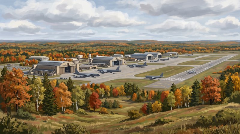 Illustration of I would like images that depict authentic Loring Air Force Base in Aroostook County Maine. I want each image to depict a different scene based on Loring Air Force Base in the season I have selected. The images need to depict Loring Air ...