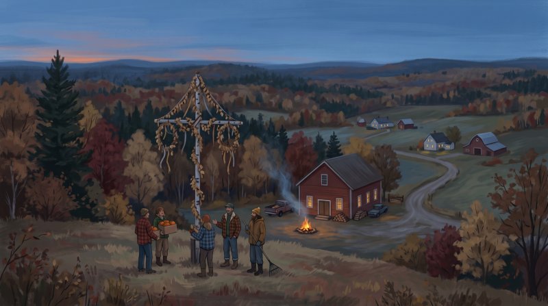 Illustration of I would like images that depict authentic New Sweden in Aroostook County Maine. I want each image to depict a different scene based on New Sweden in the season I have selected. The images need to depict modern times in New Sweden Maine....