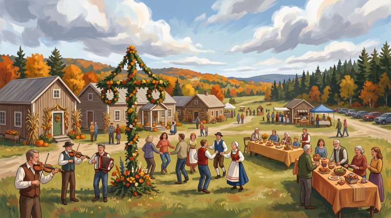 Illustration of I would like images that depict authentic New Sweden in Aroostook County Maine. I want each image to depict a different scene based on New Sweden in the season I have selected. The images need to depict modern times in New Sweden Maine....