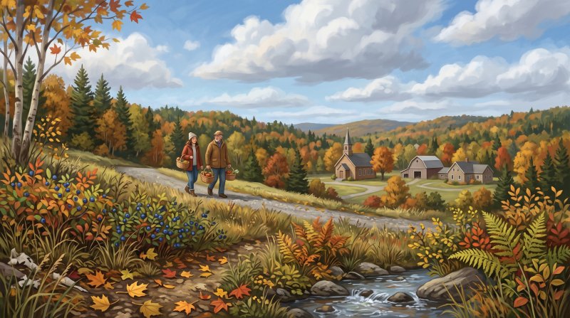 Illustration of I would like images that depict authentic New Sweden in Aroostook County Maine. I want each image to depict a different scene based on New Sweden in the season I have selected. The images need to depict modern times in New Sweden Maine....