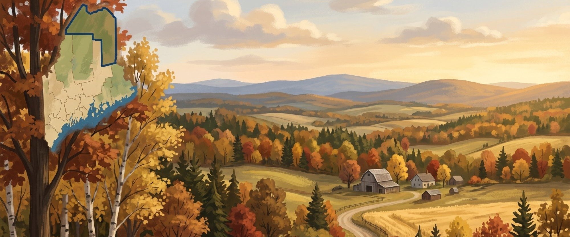 Illustration of I would like images that depict authentic Place Names of The County in Aroostook County Maine. I want each image to depict a different scene based on Place Names of The County in the season I have selected. The image needs to depict an ...