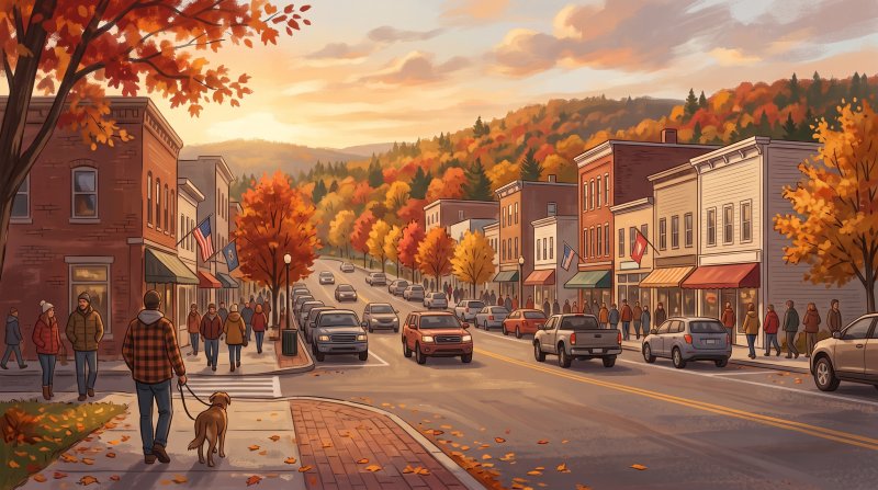 Illustration of I would like images that depict authentic Place Names of The County in Aroostook County Maine. I want each image to depict a different scene based on Place Names of The County in the season I have selected. The image needs to depict dow...