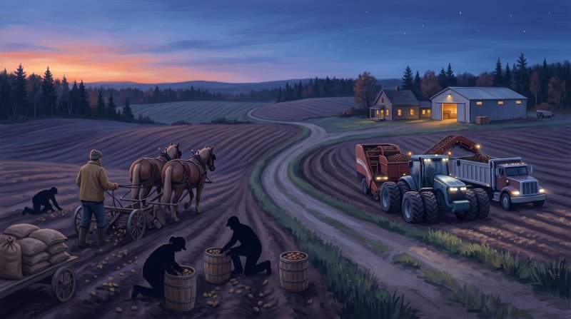 Illustration of I would like images that depict authentic Potato Farming in Aroostook County Maine. I want each image to depict a different scene based on Potato Farming in the season I have selected. The images need to depict the early days of farming...