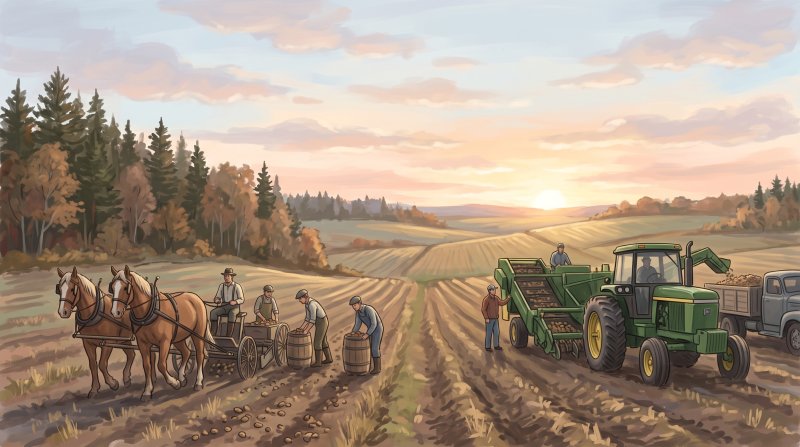 Illustration of I would like images that depict authentic Potato Farming in Aroostook County Maine. I want each image to depict a different scene based on Potato Farming in the season I have selected. The images need to depict the early days of farming...