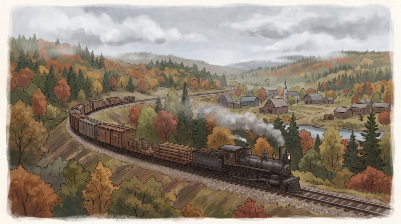 Illustration of I want images depicting different eras of railroading in Aroostook County Maine, starting with the early days into the years they stopped running rail cars through the county, and the different products or material they have hauled over...