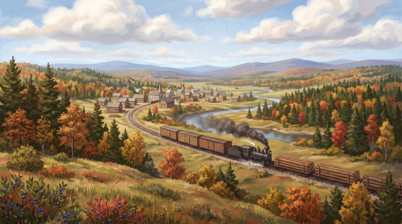 Illustration of I want images depicting different eras of railroading in Aroostook County Maine, starting with the early days into the years they stopped running rail cars through the county, and the different products or material they have hauled over...
