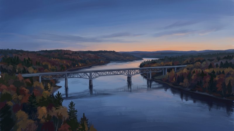 Illustration of I would like images that depict authentic Roads, Bridges and Border Crossings in Aroostook County Maine. I want each image to depict a different scene based on Roads, Bridges and Border Crossings in the season I have selected. The image...