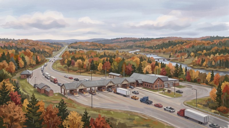 Illustration of I would like images that depict authentic Roads, Bridges and Border Crossings in Aroostook County Maine. I want each image to depict a different scene based on Roads, Bridges and Border Crossings in the season I have selected. The image...