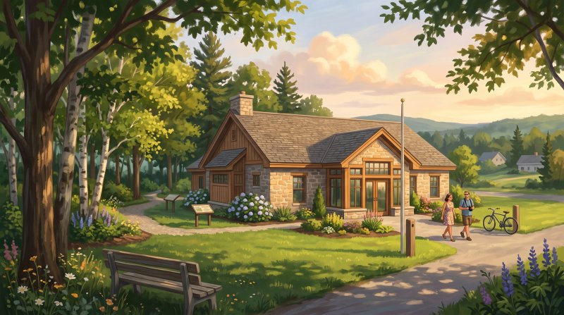 Illustration of I would like images that depict authentic Historical Societies and Museums in Aroostook County Maine. I want each image to depict a different scene based on Historical Societies and Museums in the season I have selected. The images need...