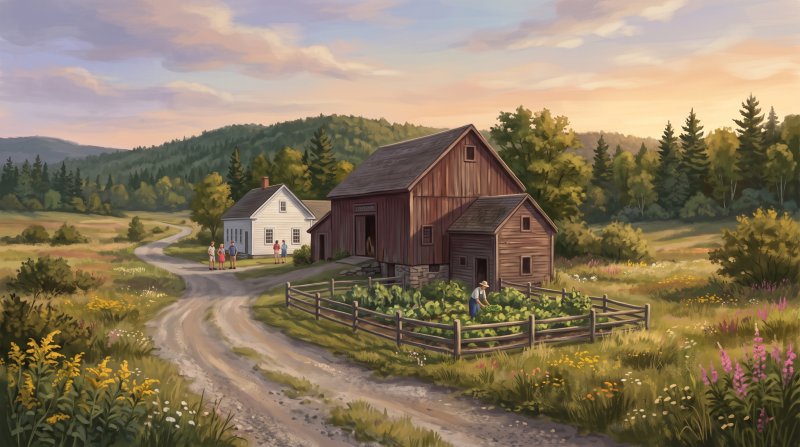 Illustration of I would like images that depict authentic Historical Societies and Museums in Aroostook County Maine. I want each image to depict a different scene based on Historical Societies and Museums in the season I have selected. The images need...