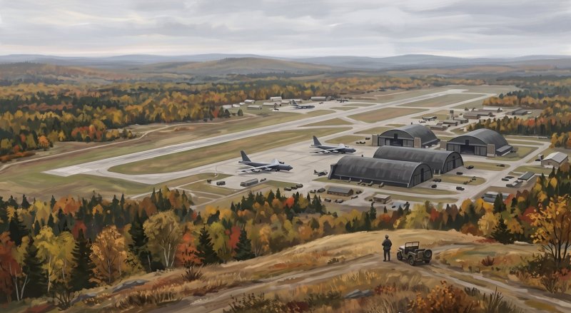 Illustration of I would like images that depict authentic The County in Wartime in Aroostook County Maine. I want each image to depict a different scene based on The County in Wartime in the season I have selected. I want an image of Loring Airforce Ba...