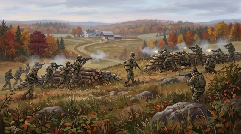 Illustration of I would like images that depict authentic The County in Wartime in Aroostook County Maine. I want each image to depict a different scene based on The County in Wartime in the season I have selected. The images need to depict modern time...