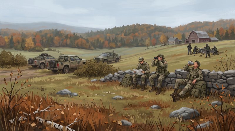 Illustration of I would like images that depict authentic The County in Wartime in Aroostook County Maine. I want each image to depict a different scene based on The County in Wartime in the season I have selected. The images need to depict modern time...