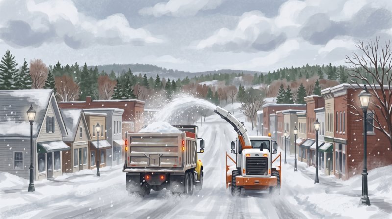 Illustration of Modern snow removal on a city street in Presque Isle, Maine, during a heavy snowstorm. Seen from behind both vehicles, looking down the street. A modern dump truck drives ahead, and a modern snow blower follows right behind it, both hea...