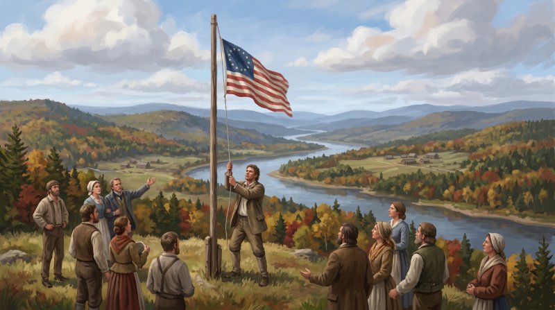Illustration of I want an image depicting American settler John Baker raising an American flag and declaring an independent republic in the disputed Madawaska territory, sparking diplomatic crises that were ultimately resolved in 1842 when the Webster-...