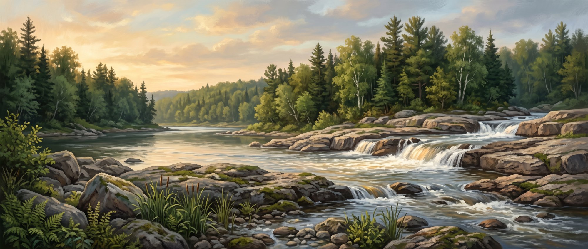 Illustration of a river tumbling over broad stone ledges in a gentle waterfall surrounded by evergreens in summer