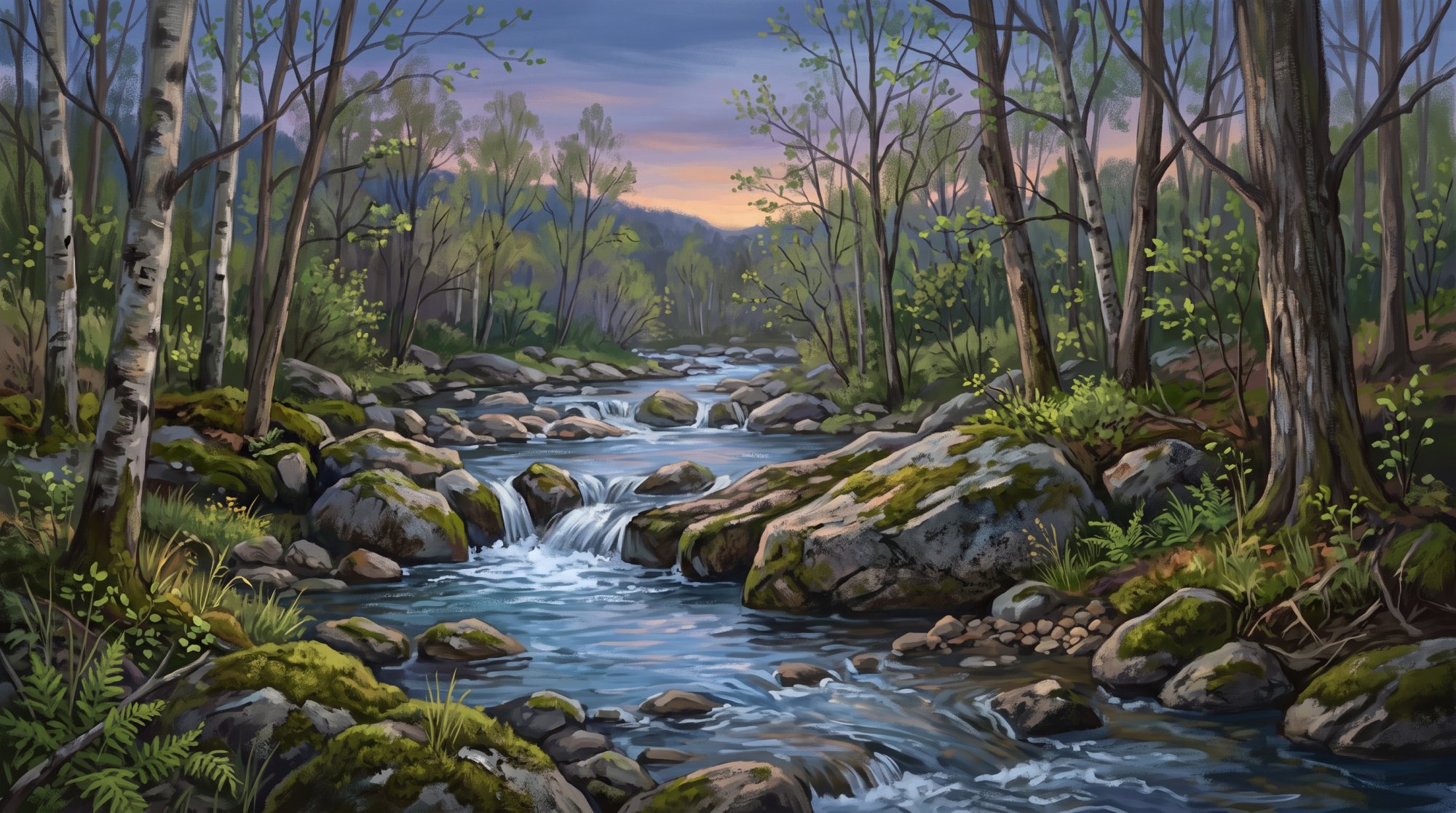 Illustration of a clear brook tumbling over mossy rocks through a quiet hardwood forest in spring