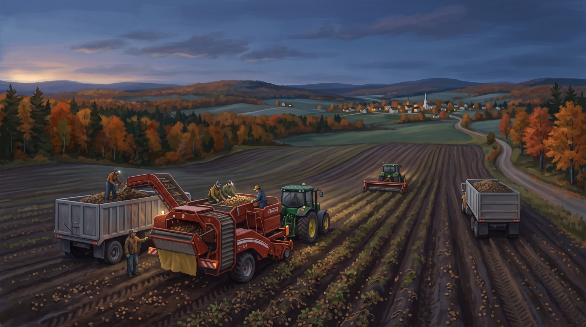 Illustration of I would like an image depicting an Aroostook County community in the fll with potato harvest in full swing. I would like the image to have a modern potato harvest scene with people working on harvesters and machinery and bulk potato trucks