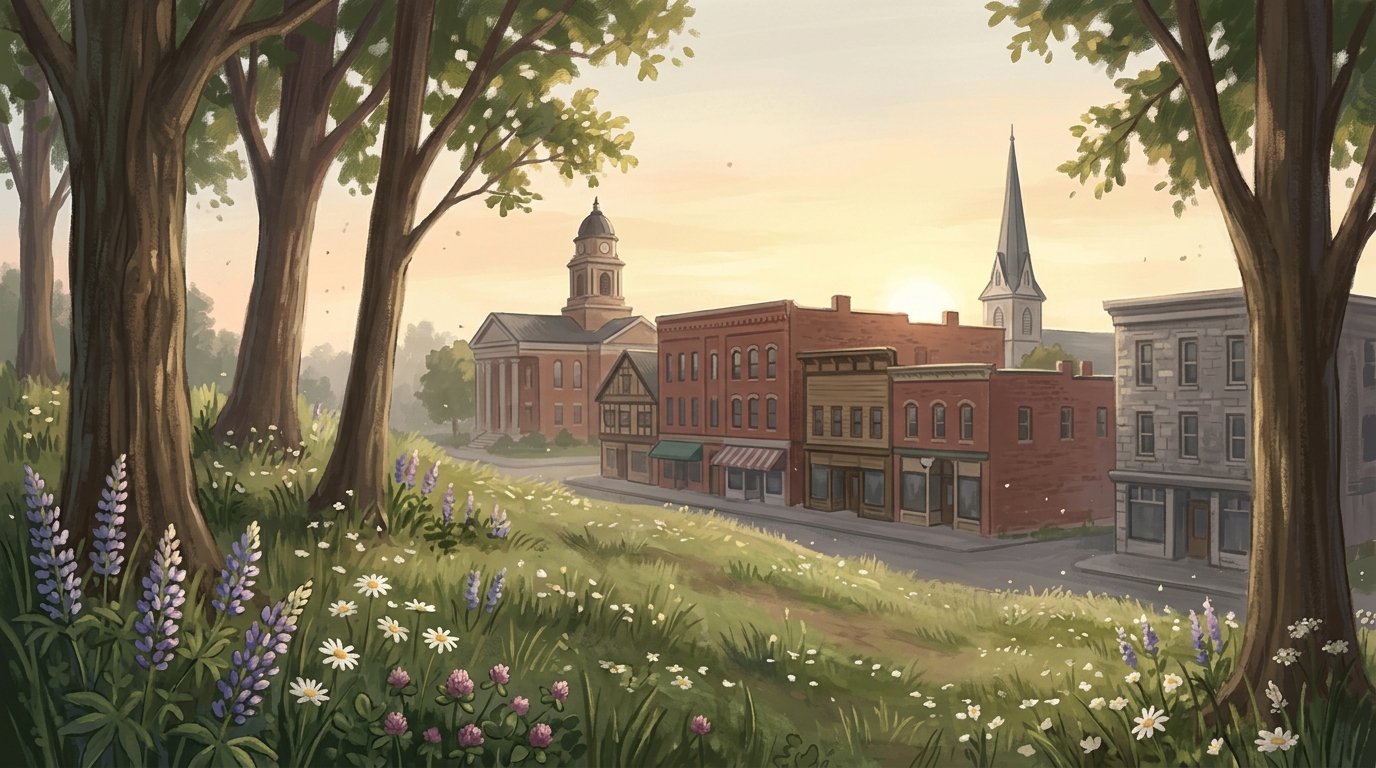 Illustration of I would like an image of a historical downtown area that represents a county seat. I would like this image to draw from online resources that mention Houlton Maine so the image has some representation of the actual community.