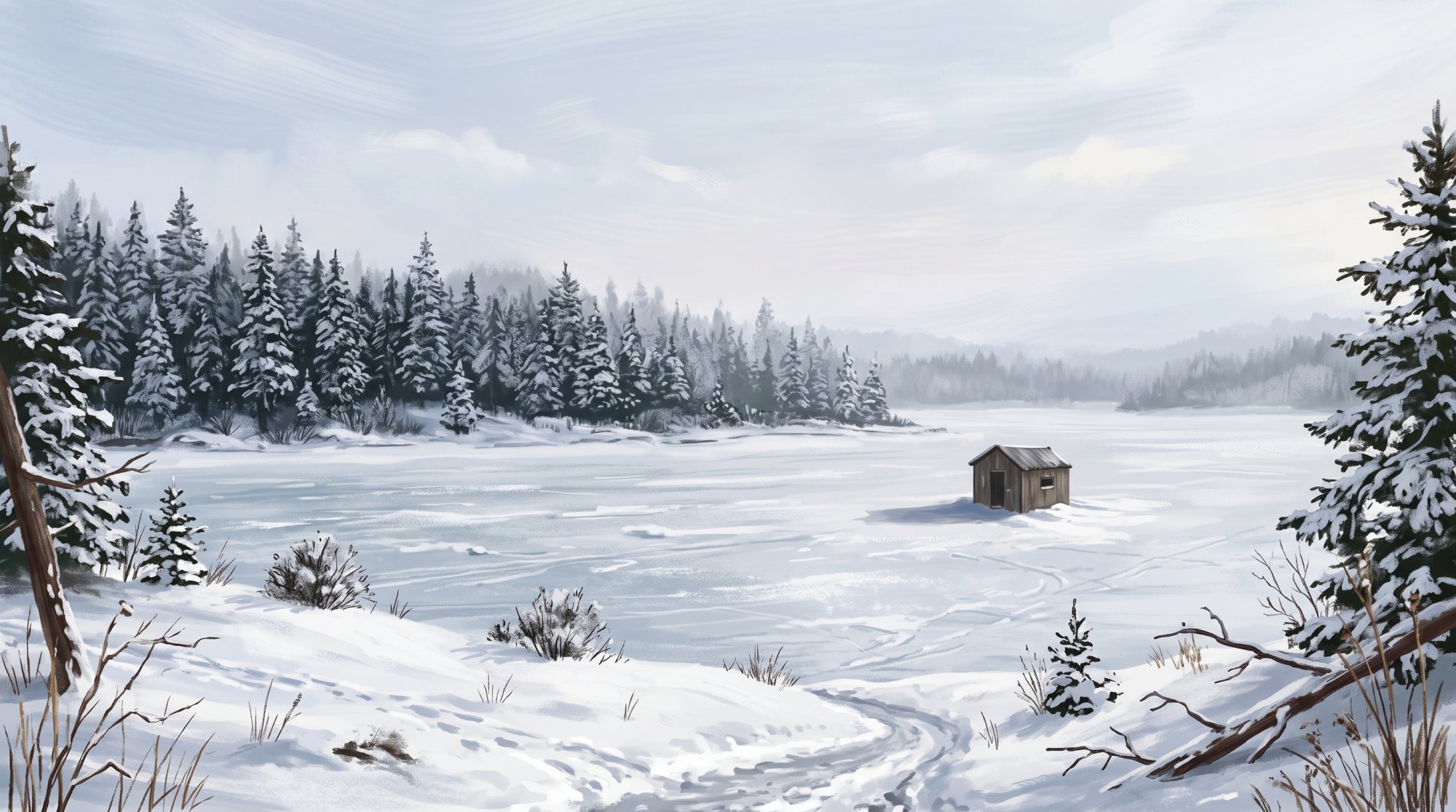 Illustration of a frozen lake under a pale winter sky with a small ice-fishing shanty and a line of snowy spruce in winter