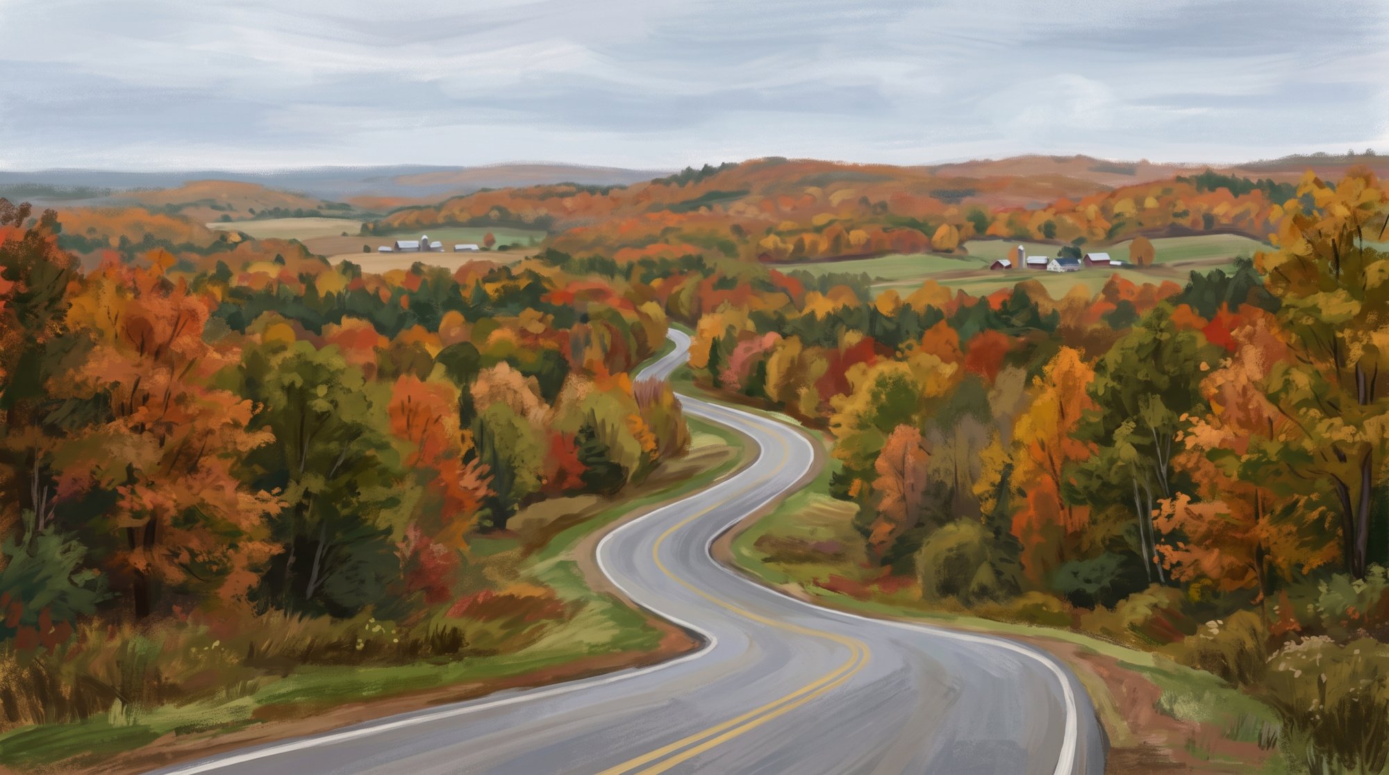 Illustration of I would like images depicting different places along the route from Houltom, Maine to Fort Fairfield Maine while driving through Aroostook County in the fall of the year with leaves in full bloom. I only want paved roads, no dirt road i...